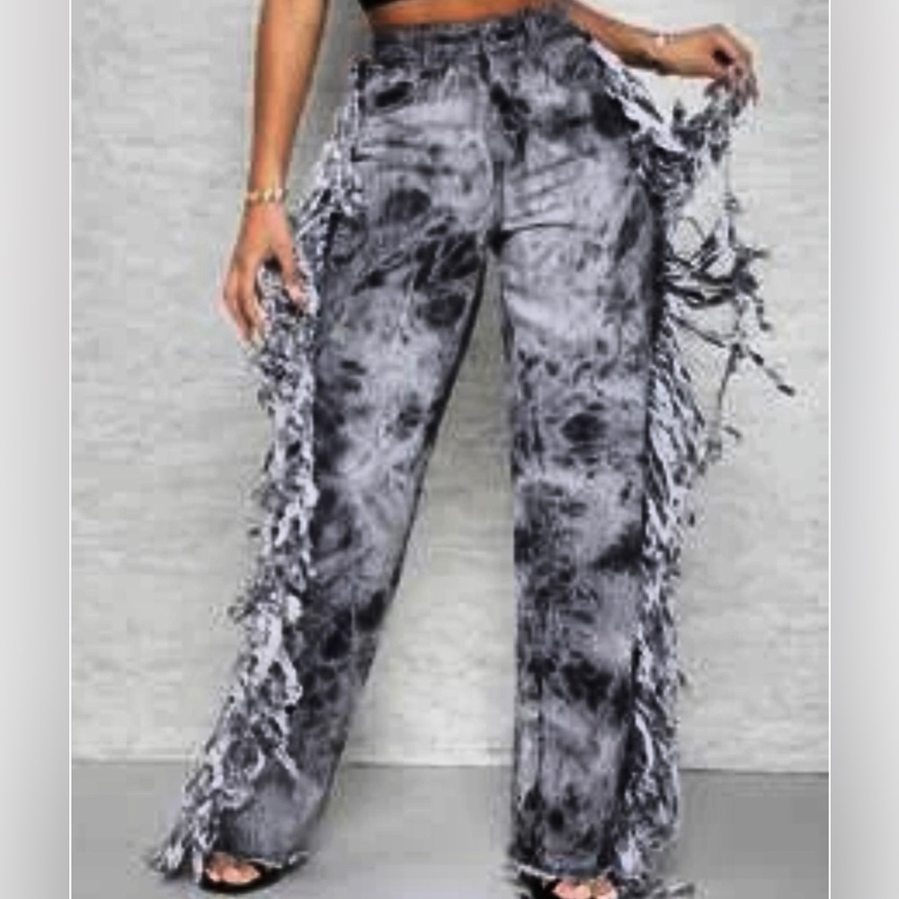 Fringe Trim Tie Dye Straight Jeans